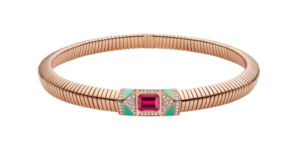 Tubogas by Bvlgari, una colección icónica / Patricia Olivares Taylhardat, Tubogas, Bvlgari, diseño industrial, orfebrería, italiana, artesanal, gemas, pavé, diamantes, geométricos, atemporalidad, collares, oro, 18 quilates, rubelita, crisoprasa